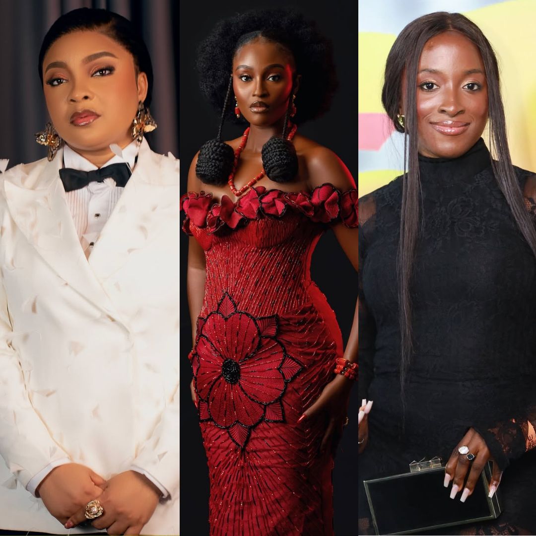 A vertical collage featuring three AMVCA 2026 nominees: Scarlet Gomez in a white suit, a fellow nominee in a red traditional gown, and Genoveva Umeh in a black lace dress.