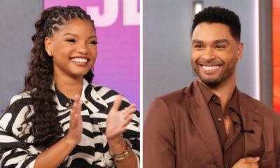 A collage of Halle Bailey in a zebra print dress and Regé-Jean Page in a brown suit laughing and clapping during their interview on The Jennifer Hudson Show.