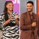 A collage of Halle Bailey in a zebra print dress and Regé-Jean Page in a brown suit laughing and clapping during their interview on The Jennifer Hudson Show.