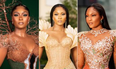 A collage of three iconic fashion looks worn by Osas Ighodaro designed by Veekee James, featuring the Mother Earth, 30th Birthday, and 3 Cold Dishes premiere outfits.