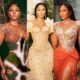 A collage of three iconic fashion looks worn by Osas Ighodaro designed by Veekee James, featuring the Mother Earth, 30th Birthday, and 3 Cold Dishes premiere outfits.