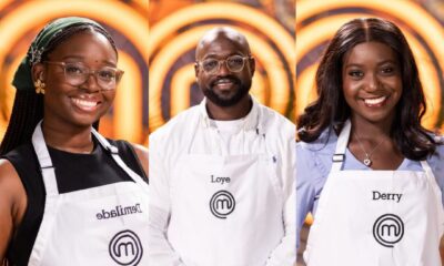 A collage of three MasterChef Nigeria contestants wearing official white aprons with the show’s logo