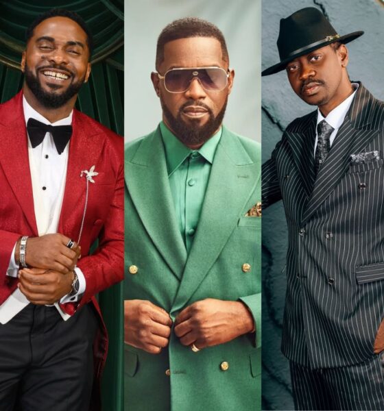 A collage of AMVCA nominees Lateef Adedimeji, Uzor Arukwe, and Femi Branch in dapper suits.