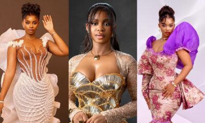A three-panel vertical collage of Priscilla Ojo featuring her in a gold metallic corset, a white pearl-encrusted gown, and a purple floral brocade dress.