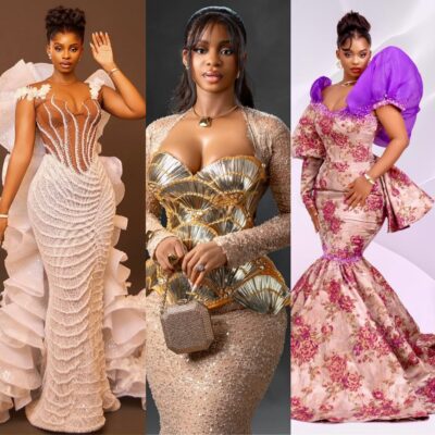 A three-panel vertical collage of Priscilla Ojo featuring her in a gold metallic corset, a white pearl-encrusted gown, and a purple floral brocade dress.