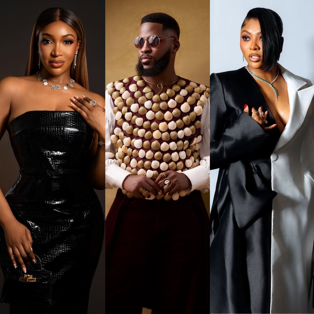 Idia Aisien in a black croc-skin strapless dress, Akin Faminu in a cowrie shell embellished vest, and Stephanie Coker in a monochrome coat dress at the premiere.