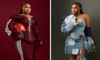 A two-panel vertical collage of Nollywood actress Ruth Kadiri. The left panel shows her in a deep burgundy racing-inspired corset gown holding a red helmet against a red background. The right panel shows her against a dark grey background in a deconstructed upcycled denim corset, patchwork mini-skirt, and thigh-high boots, holding a white glove.