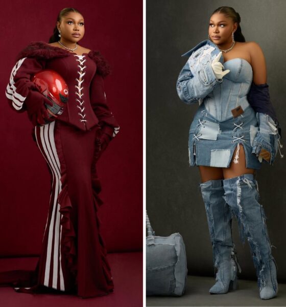 A two-panel vertical collage of Nollywood actress Ruth Kadiri. The left panel shows her in a deep burgundy racing-inspired corset gown holding a red helmet against a red background. The right panel shows her against a dark grey background in a deconstructed upcycled denim corset, patchwork mini-skirt, and thigh-high boots, holding a white glove.