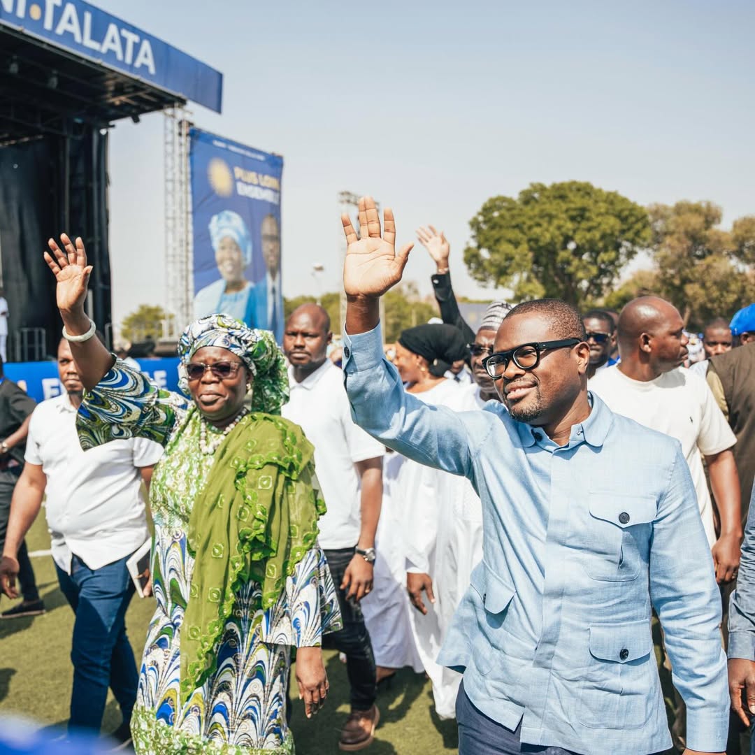 President-elect Romuald Wadagni and Vice-President Mariam Chabi Talata waving to supporters during a 2026 election campaign rally in Kandi, Benin.