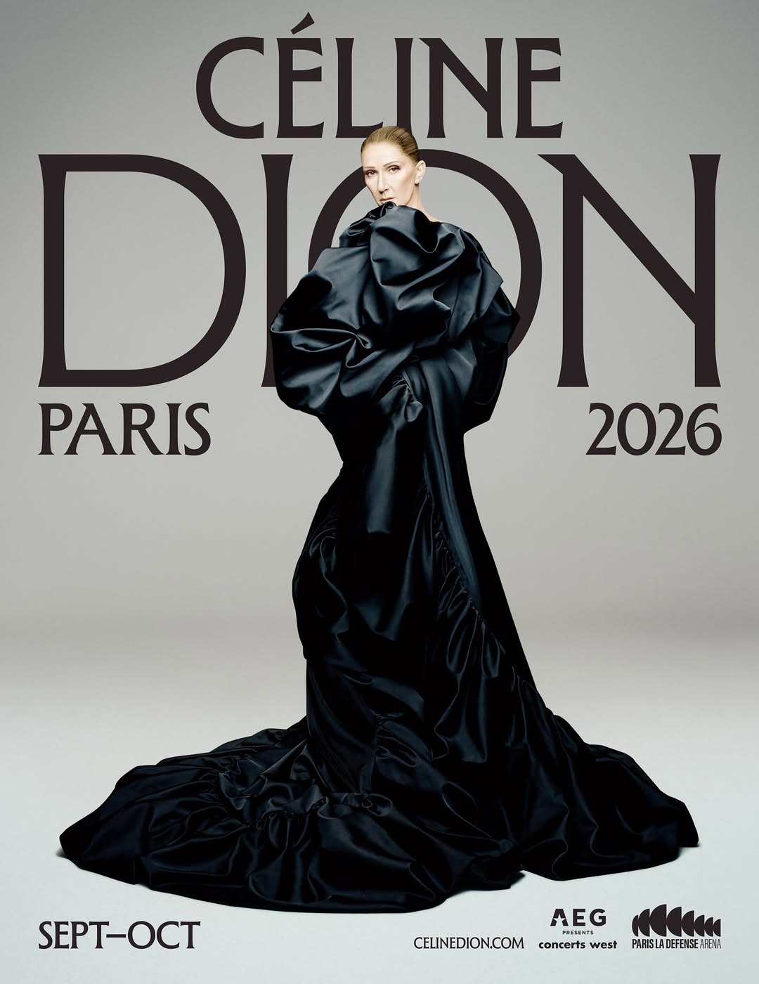 A concert poster featuring Celine Dion in a dynamic performance pose, wearing a shimmering gold outfit. The text "CELINE DION" is prominently displayed, alongside the venue name "PARIS LA DÉFENSE ARENA."
