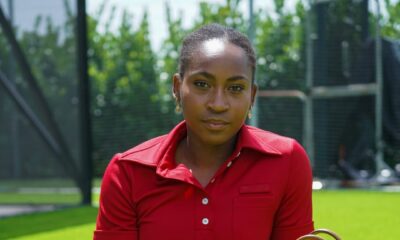 Portrait of Coco Gauff featuring her 4a-c natural hair and dewy makeup for the Miu Miu Spring/Summer 2026 ad.