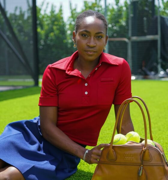 Portrait of Coco Gauff featuring her 4a-c natural hair and dewy makeup for the Miu Miu Spring/Summer 2026 ad.