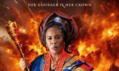 Official movie poster for Efunroye: The Unicorn featuring Faithia Williams in traditional 19th-century Yoruba royal attire holding a golden staff against a backdrop of fire and battle.