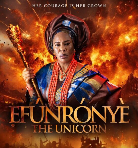 Official movie poster for Efunroye: The Unicorn featuring Faithia Williams in traditional 19th-century Yoruba royal attire holding a golden staff against a backdrop of fire and battle.