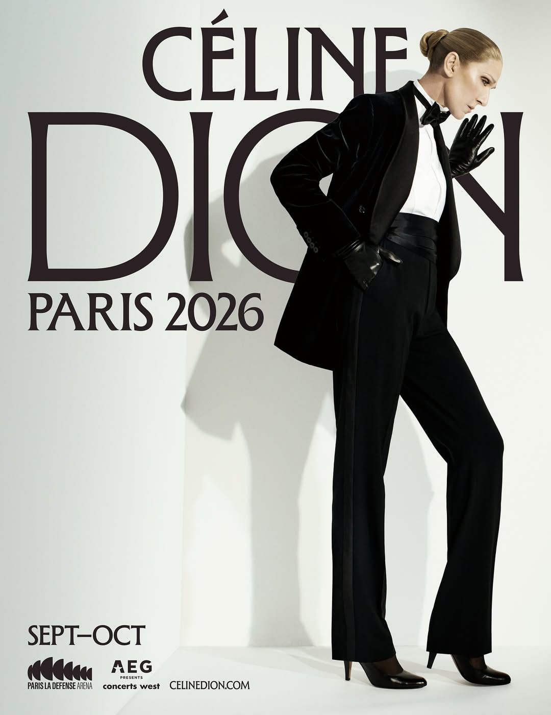 A promotional poster for Celine Dion’s Paris residency. It features a side-profile portrait of the singer against a neutral background, with "CELINE DION" in bold black lettering at the top and "PARIS LA DÉFENSE ARENA" at the bottom.