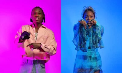 A split-screen image showing Spyro in a pink shirt and jeans on the left and Yemi Alade in a blue asymmetrical mesh dress on the right.