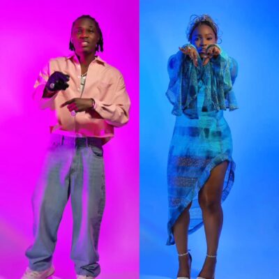 A split-screen image showing Spyro in a pink shirt and jeans on the left and Yemi Alade in a blue asymmetrical mesh dress on the right.