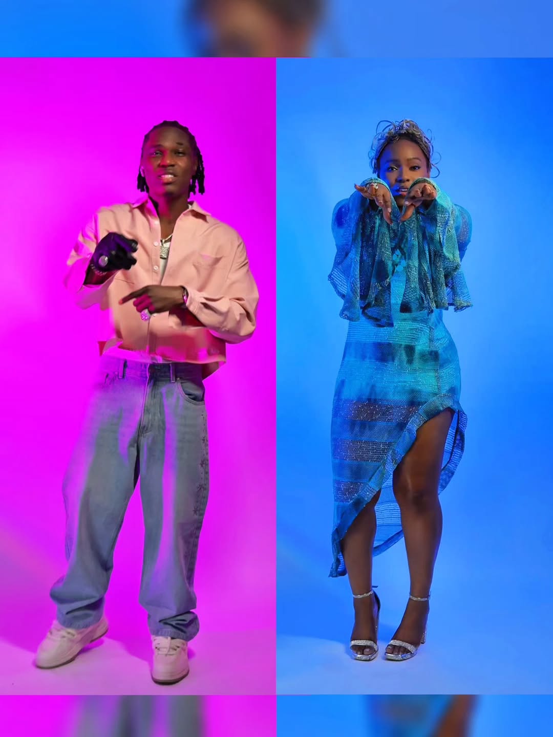 A split-screen image showing Spyro in a pink shirt and jeans on the left and Yemi Alade in a blue asymmetrical mesh dress on the right.