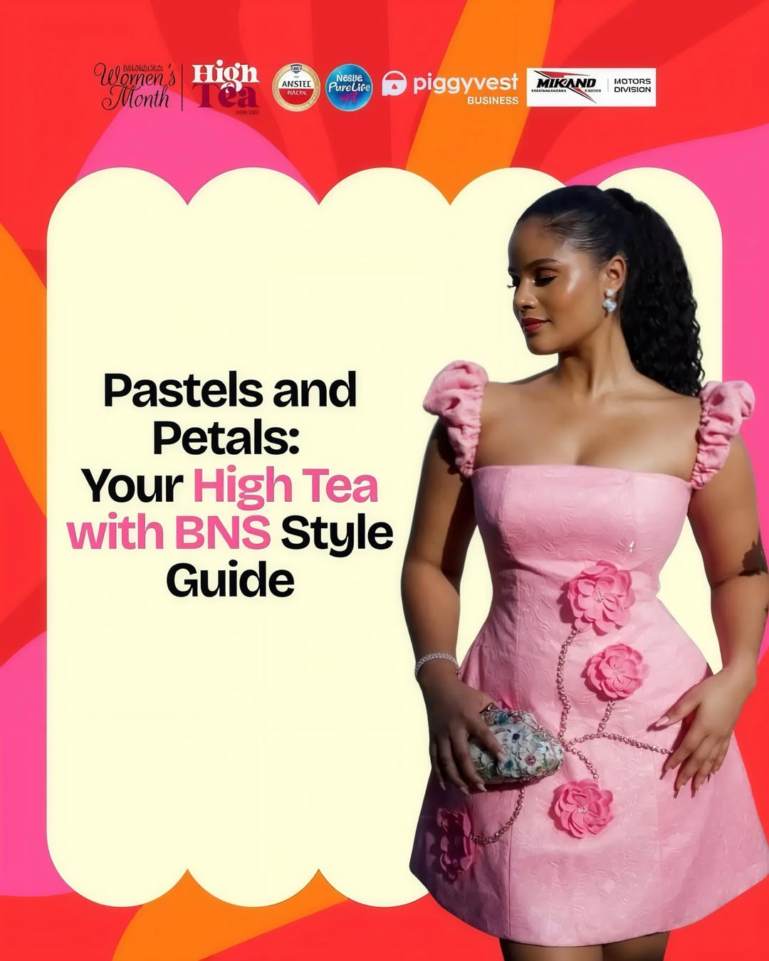 A style guide flyer for High Tea with BNS 2026 featuring Sunshine Rosman in a pink floral appliqué dress by Melira against a botanical background.