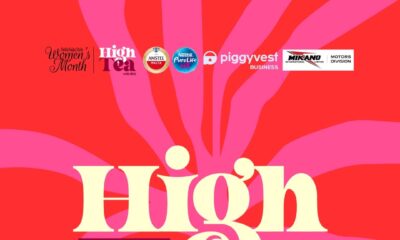 An official digital invitation for High Tea with BellaNaija Style, taking place on Sunday, 26th April 2026. The background features vibrant pink and orange abstract patterns.