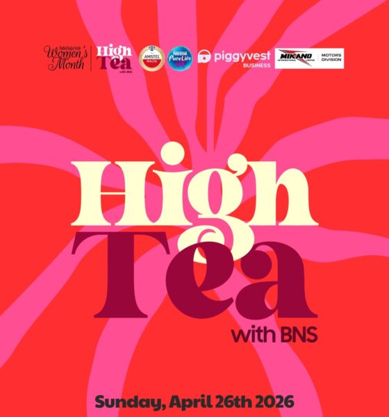 An official digital invitation for High Tea with BellaNaija Style, taking place on Sunday, 26th April 2026. The background features vibrant pink and orange abstract patterns.