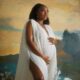 A close-up portrait of Ini Dima-Okojie holding her baby bump, wearing a sheer white V-neck maternity gown with clean, dewy makeup.