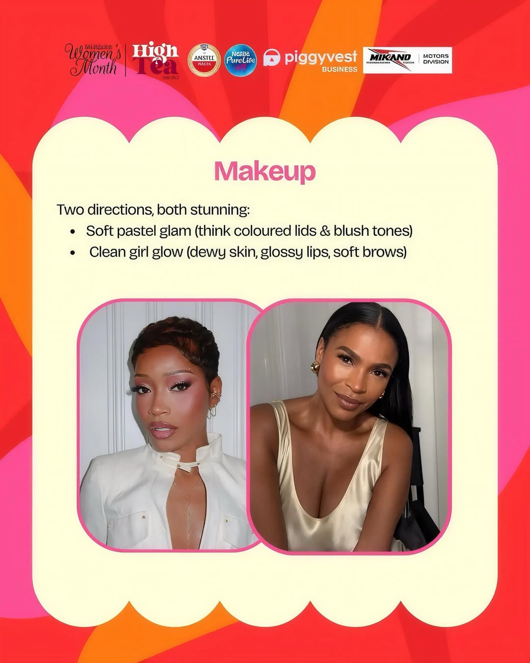 A beauty guide flyer for High Tea with BNS 2026 showcasing 'Soft Pastel Glam' and 'Clean Girl Glow' directions, featuring beauty portraits of Keke Palmer and Nia Long