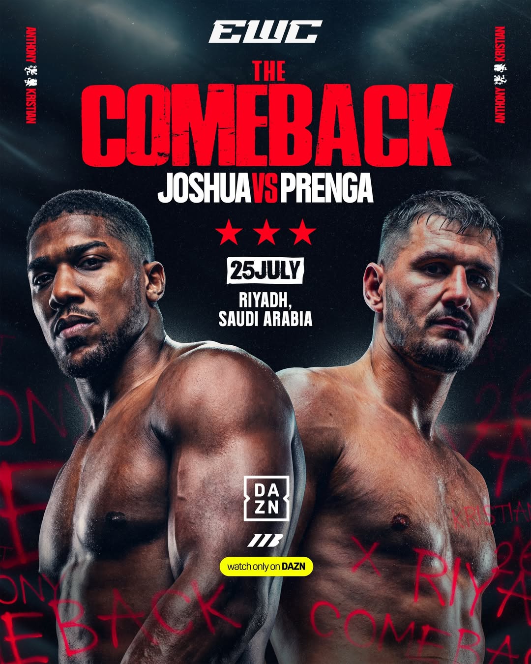 Official fight poster for The Comeback: Anthony Joshua vs Kristian Prenga, happening July 25, 2026, in Riyadh, Saudi Arabia.