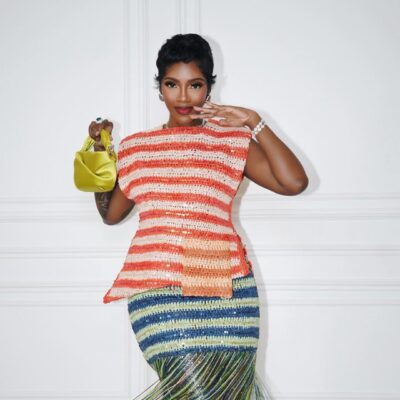 Tiwa Savage in a Lisa Folawiyo Studio crochet top and crystal-fringed skirt at the Tiwa Savage Music Foundation’s Berklee in Nigeria Grand Finale Concert.