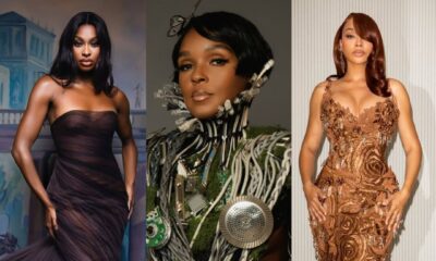 A collage of Coco Jones in aubergine Prabal Gurung, Janelle Monáe in techno-organic Christian Siriano, and La La Anthony in embroidered Wiederhoeft at Met Gala 2026.