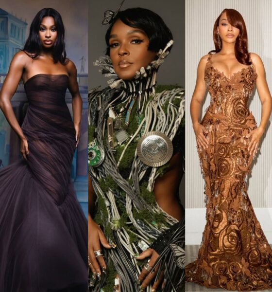 A collage of Coco Jones in aubergine Prabal Gurung, Janelle Monáe in techno-organic Christian Siriano, and La La Anthony in embroidered Wiederhoeft at Met Gala 2026.