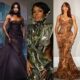 A collage of Coco Jones in aubergine Prabal Gurung, Janelle Monáe in techno-organic Christian Siriano, and La La Anthony in embroidered Wiederhoeft at Met Gala 2026.