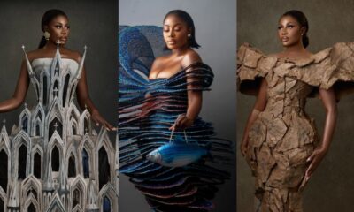 A collage of Nana Akua Addo’s three wearable art looks for the 12th AMVCA.
