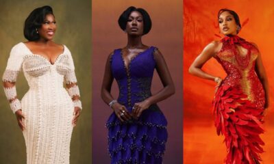 A vertical three-panel photo collage featuring Uche Jombo, Tomi Ojo, and Uche Montana on the AMVCA red carpet.