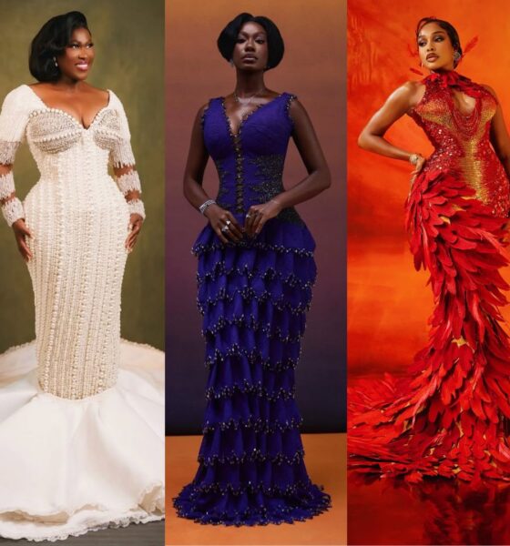 A vertical three-panel photo collage featuring Uche Jombo, Tomi Ojo, and Uche Montana on the AMVCA red carpet.