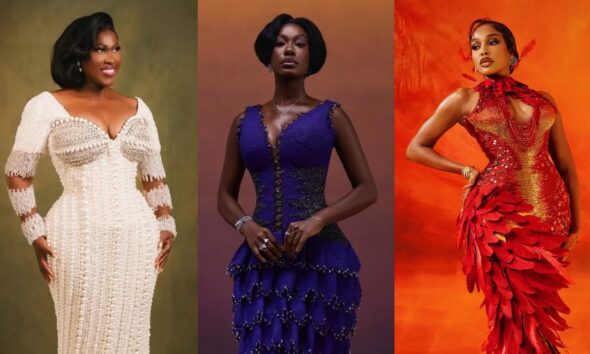 A vertical three-panel photo collage featuring Uche Jombo, Tomi Ojo, and Uche Montana on the AMVCA red carpet.