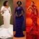 A vertical three-panel photo collage featuring Uche Jombo, Tomi Ojo, and Uche Montana on the AMVCA red carpet.