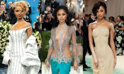 A collage of Tyla’s three Met Gala looks: the 2024 Balmain sand dress, the 2025 Jacquemus pinstripes, and the 2026 Valentino peacock gown.