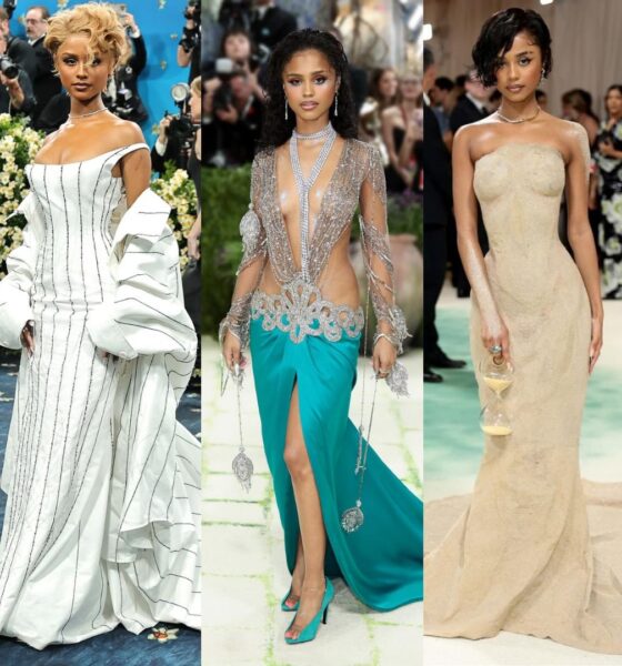 A collage of Tyla’s three Met Gala looks: the 2024 Balmain sand dress, the 2025 Jacquemus pinstripes, and the 2026 Valentino peacock gown.