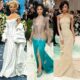 A collage of Tyla’s three Met Gala looks: the 2024 Balmain sand dress, the 2025 Jacquemus pinstripes, and the 2026 Valentino peacock gown.