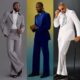 A three-panel red carpet fashion feature highlighting Samuel Chibuikem Osuji (Sooj) in a grey suit, Chimezie Imo in blue velvet, and IK Ogbonna in a white suit.