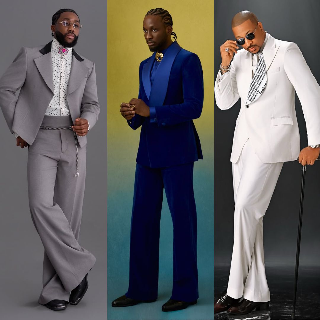 A three-panel red carpet fashion feature highlighting Samuel Chibuikem Osuji (Sooj) in a grey suit, Chimezie Imo in blue velvet, and IK Ogbonna in a white suit.