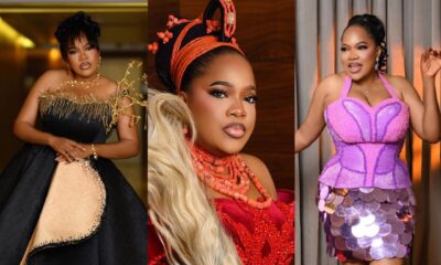Nollywood actress Toyin Abraham showcasing her three distinct fashion looks from the AMVCA 2026 weekend: the black and gold ballgown, the crimson velvet Edo cultural dress, and the lilac after-party mini skirt.