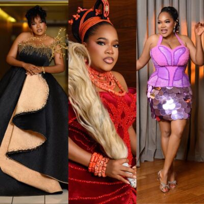 Nollywood actress Toyin Abraham showcasing her three distinct fashion looks from the AMVCA 2026 weekend: the black and gold ballgown, the crimson velvet Edo cultural dress, and the lilac after-party mini skirt.