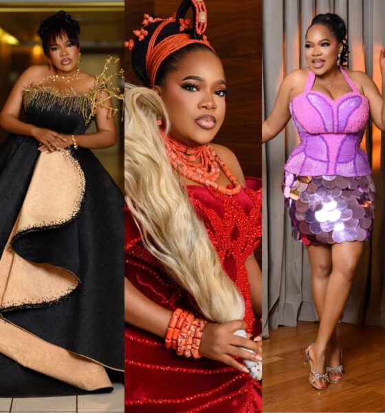 Nollywood actress Toyin Abraham showcasing her three distinct fashion looks from the AMVCA 2026 weekend: the black and gold ballgown, the crimson velvet Edo cultural dress, and the lilac after-party mini skirt.