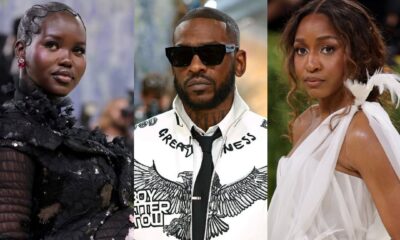A collage featuring African stars at the 2026 Met Gala: Adut Akech (Thom Browne), Skepta (Thom Browne), and Ayo Edebiri (Chanel).