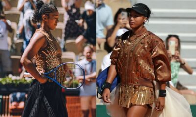 Naomi Osaka in two outfits at Roland-Garros 2026 — a gold sequined Nike dress with black Kevin Germanier tulle skirt for her first-round match against Laura Siegemund on 26 May, and a gold sequined Nike bomber jacket with ivory tulle train for her second-round match against Donna Vekić on 28 May