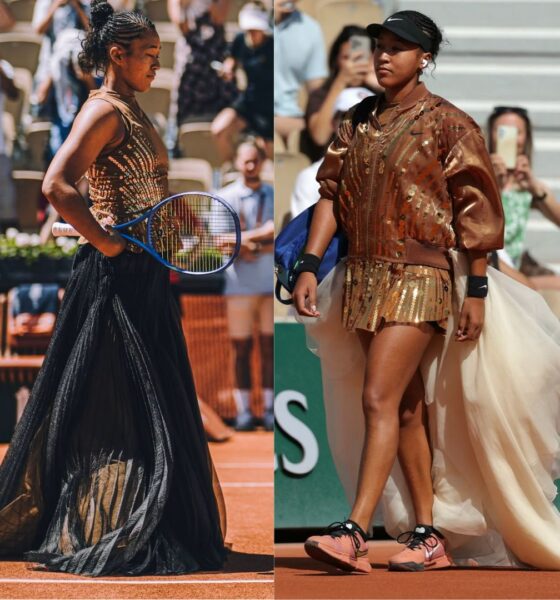 Naomi Osaka in two outfits at Roland-Garros 2026 — a gold sequined Nike dress with black Kevin Germanier tulle skirt for her first-round match against Laura Siegemund on 26 May, and a gold sequined Nike bomber jacket with ivory tulle train for her second-round match against Donna Vekić on 28 May