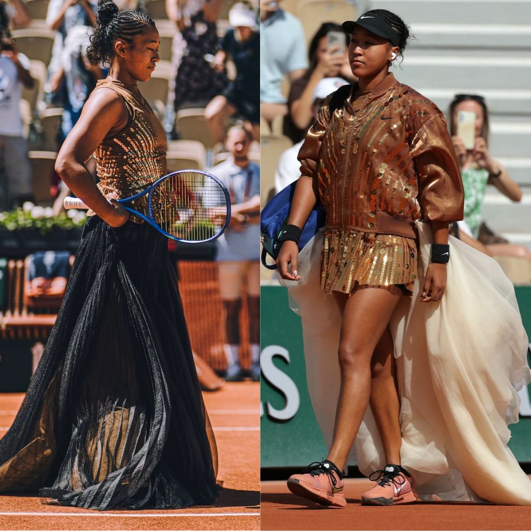 Naomi Osaka in two outfits at Roland-Garros 2026 — a gold sequined Nike dress with black Kevin Germanier tulle skirt for her first-round match against Laura Siegemund on 26 May, and a gold sequined Nike bomber jacket with ivory tulle train for her second-round match against Donna Vekić on 28 May