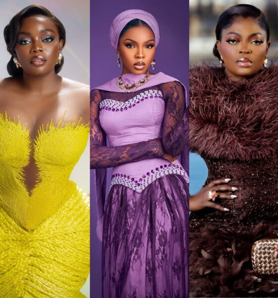 A collage of AMVCA 12 Best Supporting Actress nominees: Bisola Aiyeola in a yellow gown, Amal Umar in lilac lace, and Funke Akindele in a chocolate brown feathered dress.